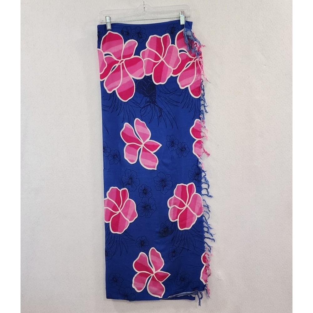 Blue Pink Tropical Hibiscus Floral Rayon Sarong Wrap Fringe Beach Coverup 62x43